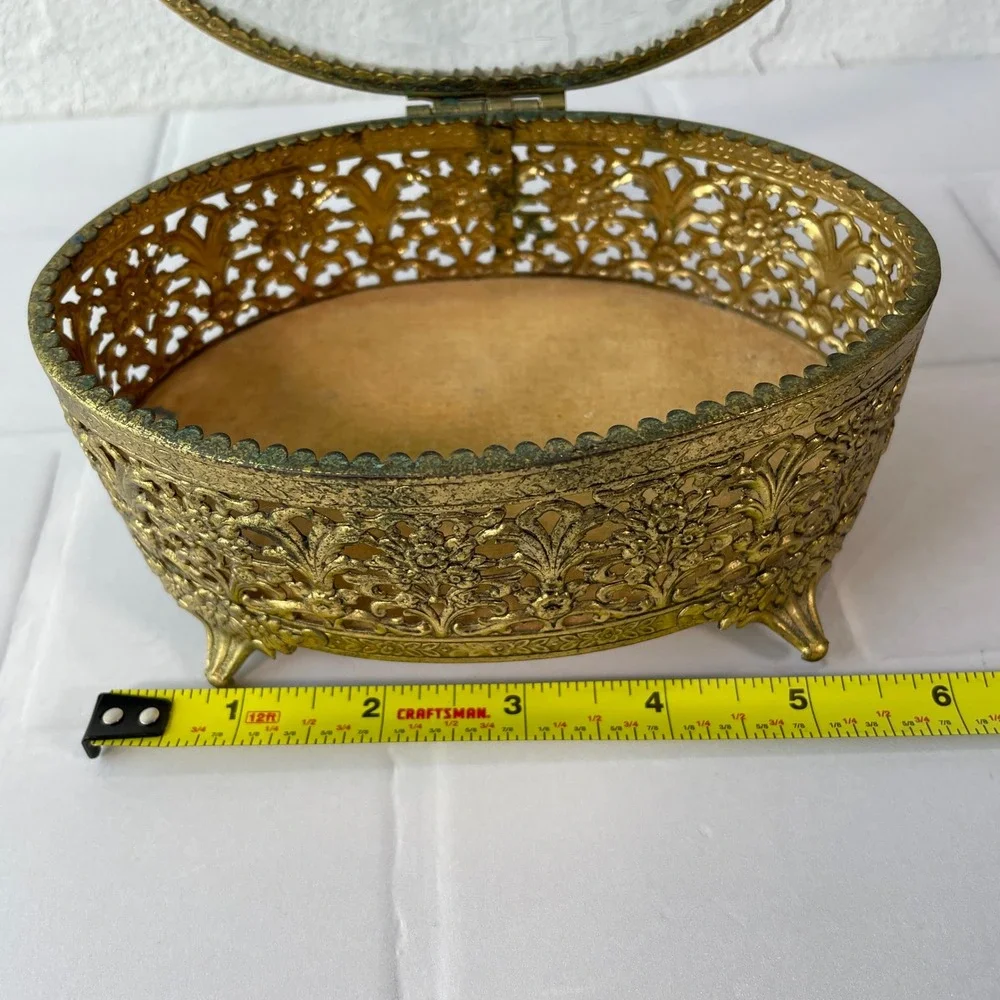 Vintage Gold Filigree Glass Trinket Box Oval Hollywood Regency Jewelry Casket